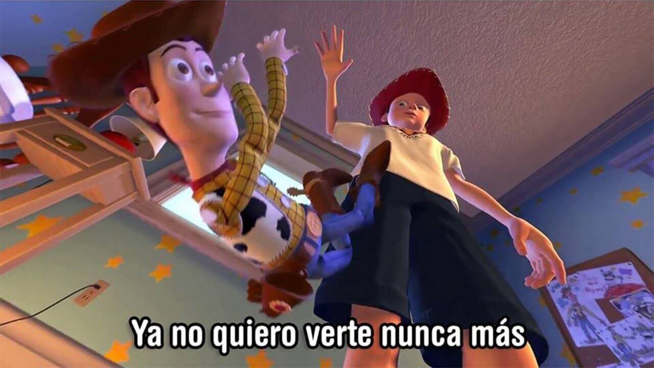 Ya no quiero verte nunca más - Andy está tirando a Woody mientras dice esta frase porque se le ha roto el brazo (a Woody) .
Se usa cuando pasa algo y no quieres ver más a algo/alguien.
