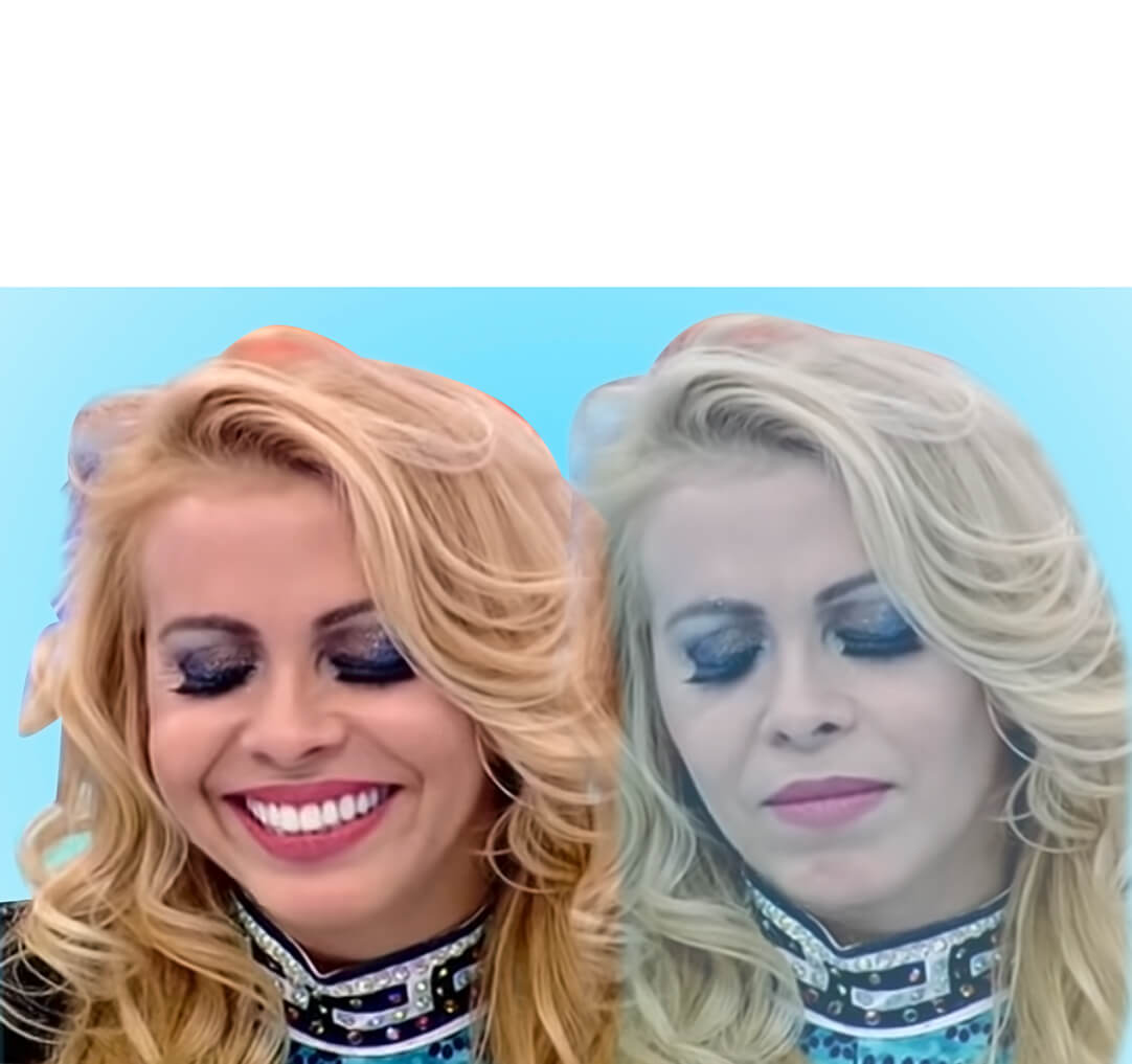 Mujer triste por fuera pero feliz por dentro meme: Mujer rubia triste con los ojos cerrados mientras que de fondo esta ella sonriendo.