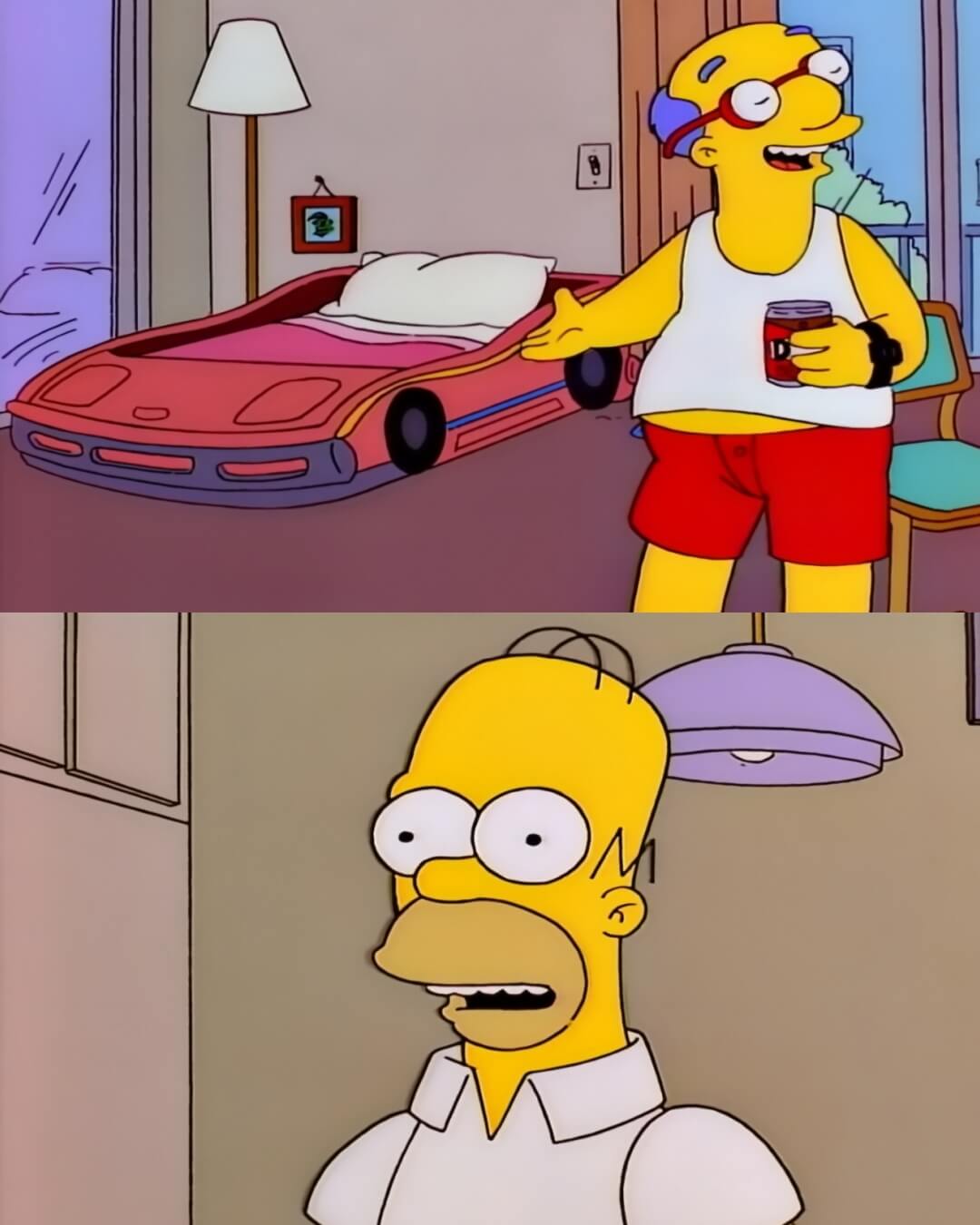 Duermo en un auto de carreras, ¿y tu? | En una cama grande con mi esposa. meme: El papá de Milhouse se divorcia, y le cuenta a Homero lo bueno que es la vida de soltero.