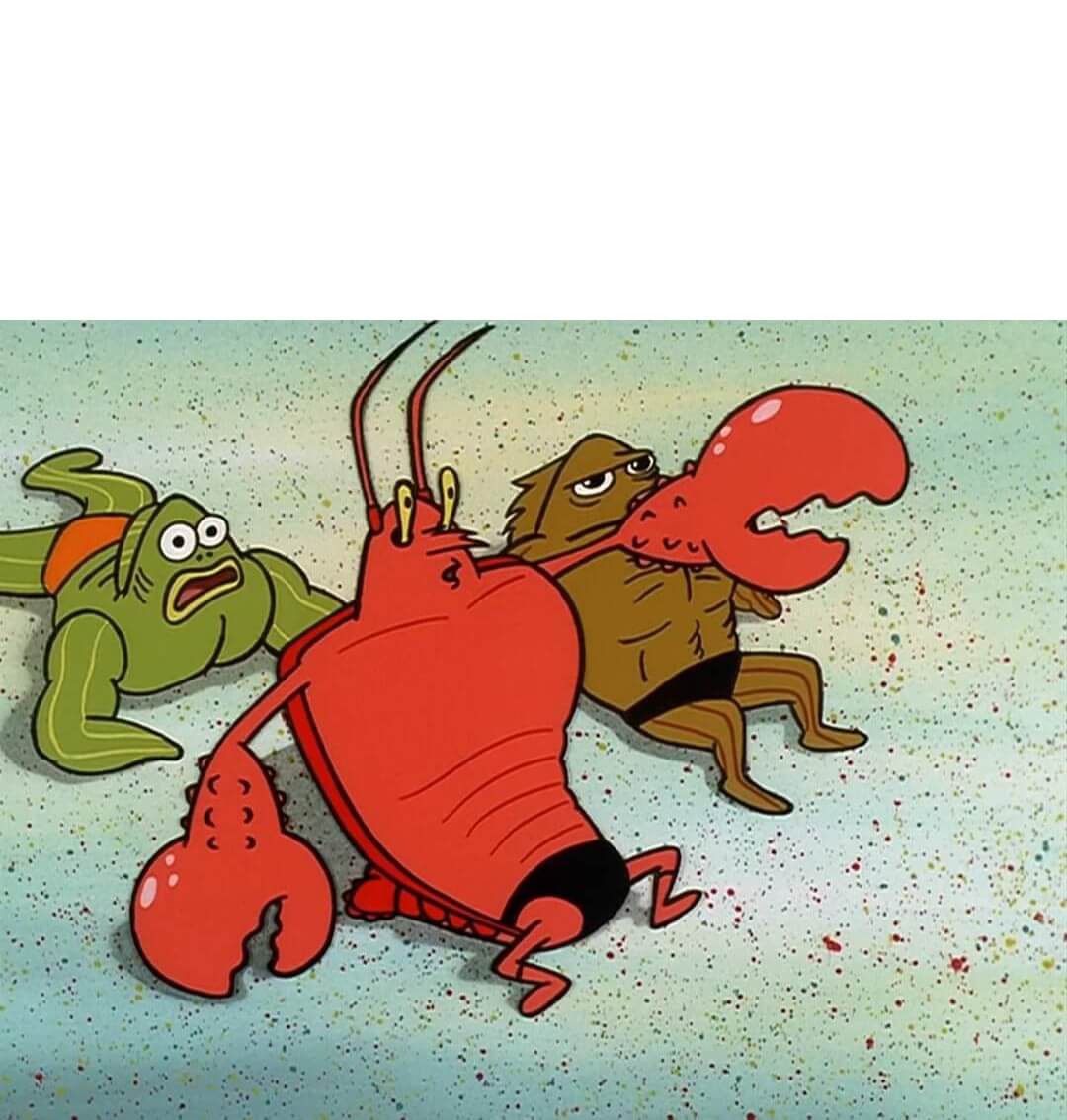 ¡Cielos, qué macizo! meme: Larry y sus compañeros se muestran asombrados ante la (falsa) musculatura de Bob Esponja.