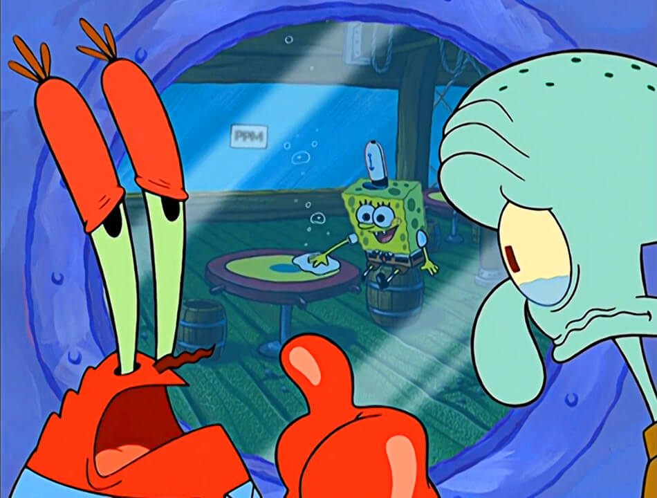 ¿Cómo le decimos? meme: Después de que Bob Esponja agradeció a Calamardo por el pastel, Don Cangrejo lo regaña y Calamardo se pone a pensar en…